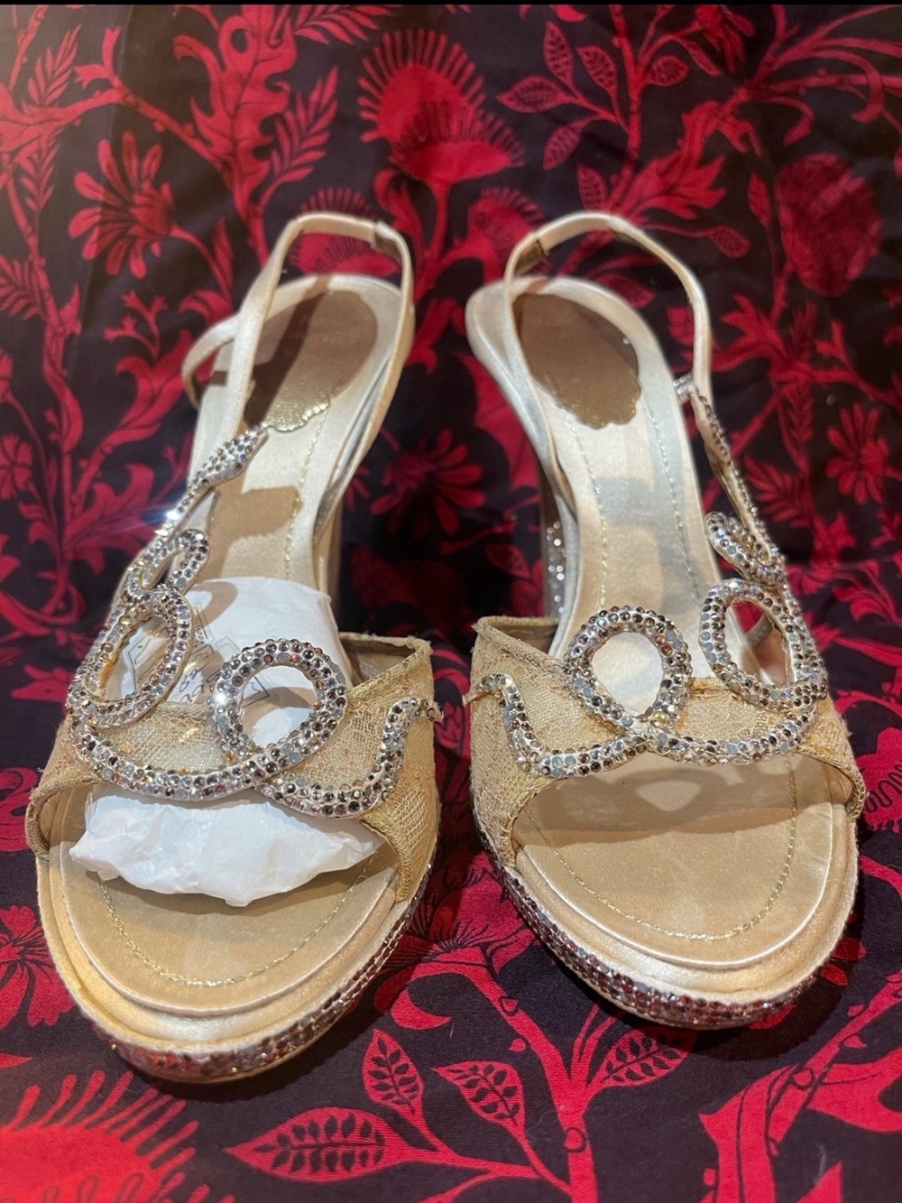 Gold Embellished Slingback Sandals with Crystal Accents